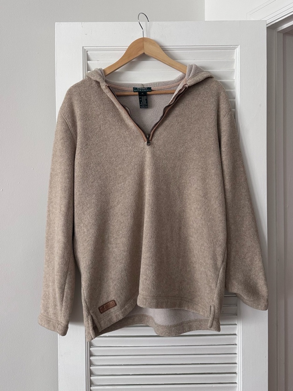 Ralph Lauren Fleece quarter-zip hoodie, tan, leather RL patch at hem, Medium